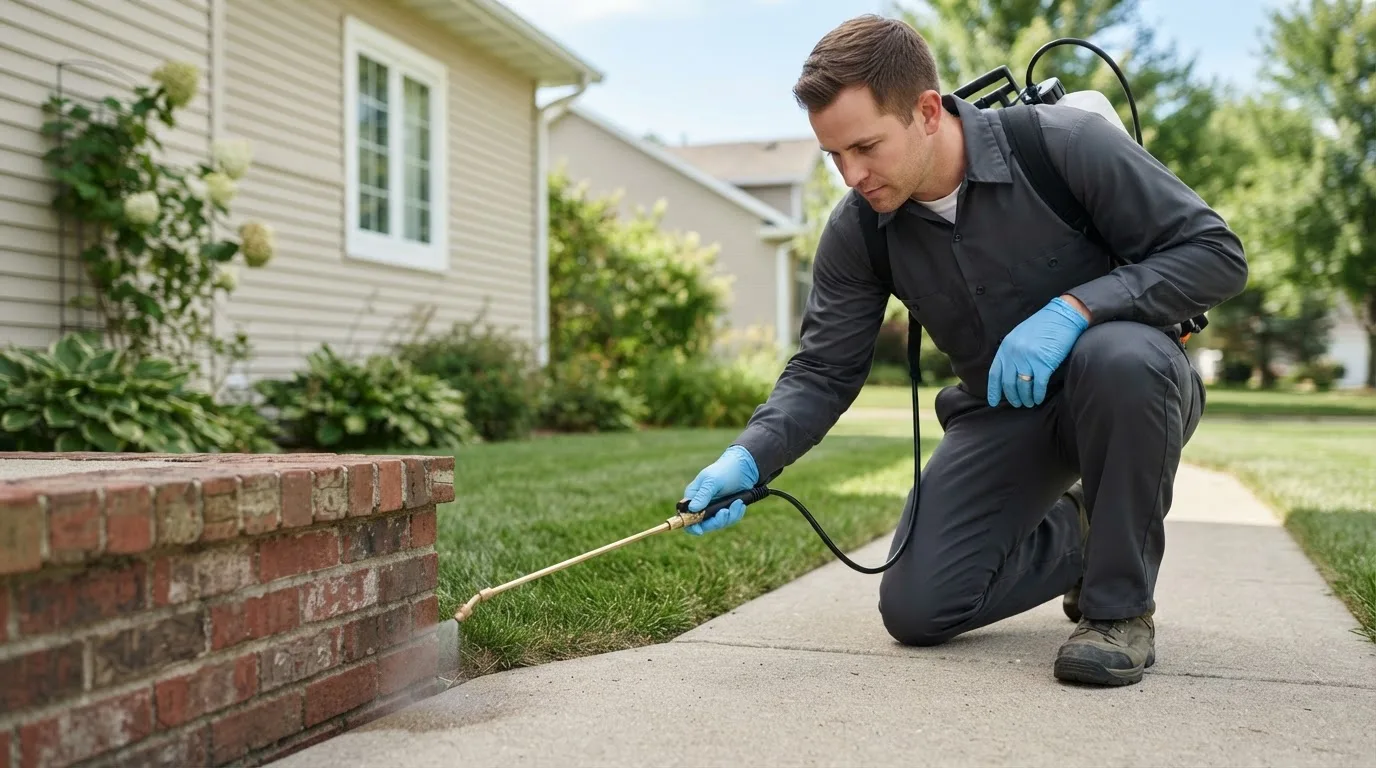 Pest control technician treating a home near New Eagle, PA
